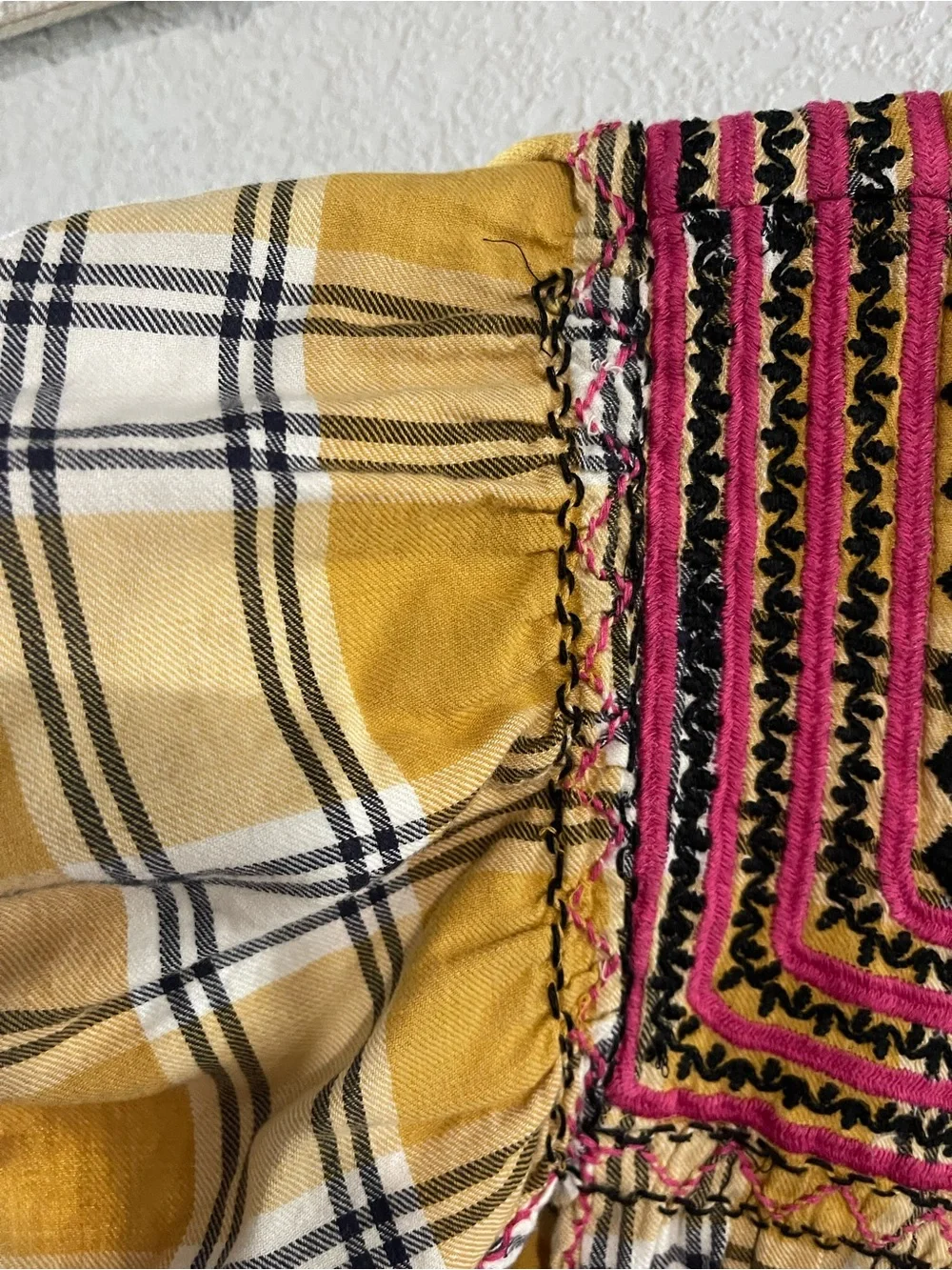 Sister Mary Yellow Plaid Embroidered Square-Neck Women's Top